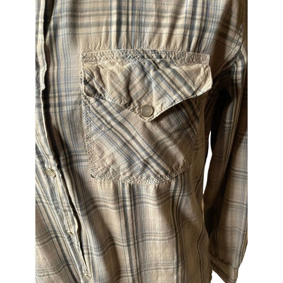 BKE Shirt Mens Pearl Snap Plaid Buckle Athletic Fit Western Tan Blue Large - Picture 4 of 10